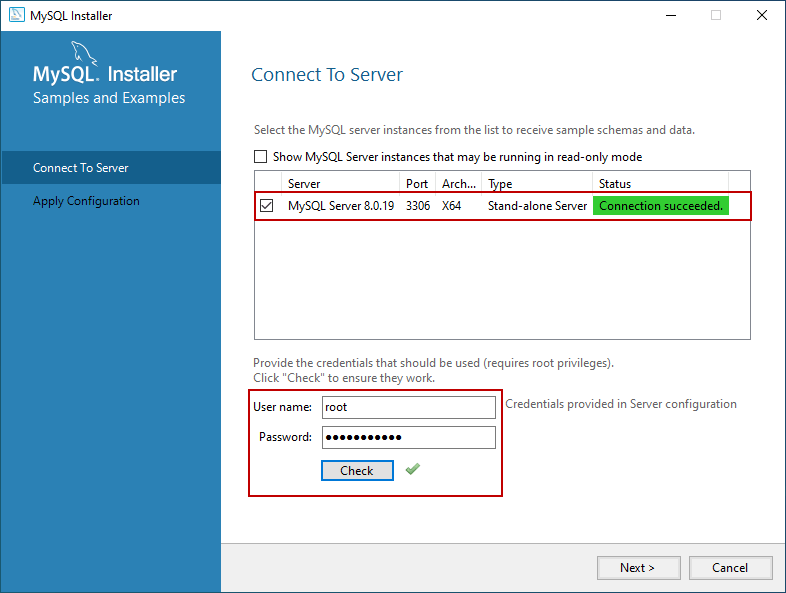连接服务器安装示例数据库